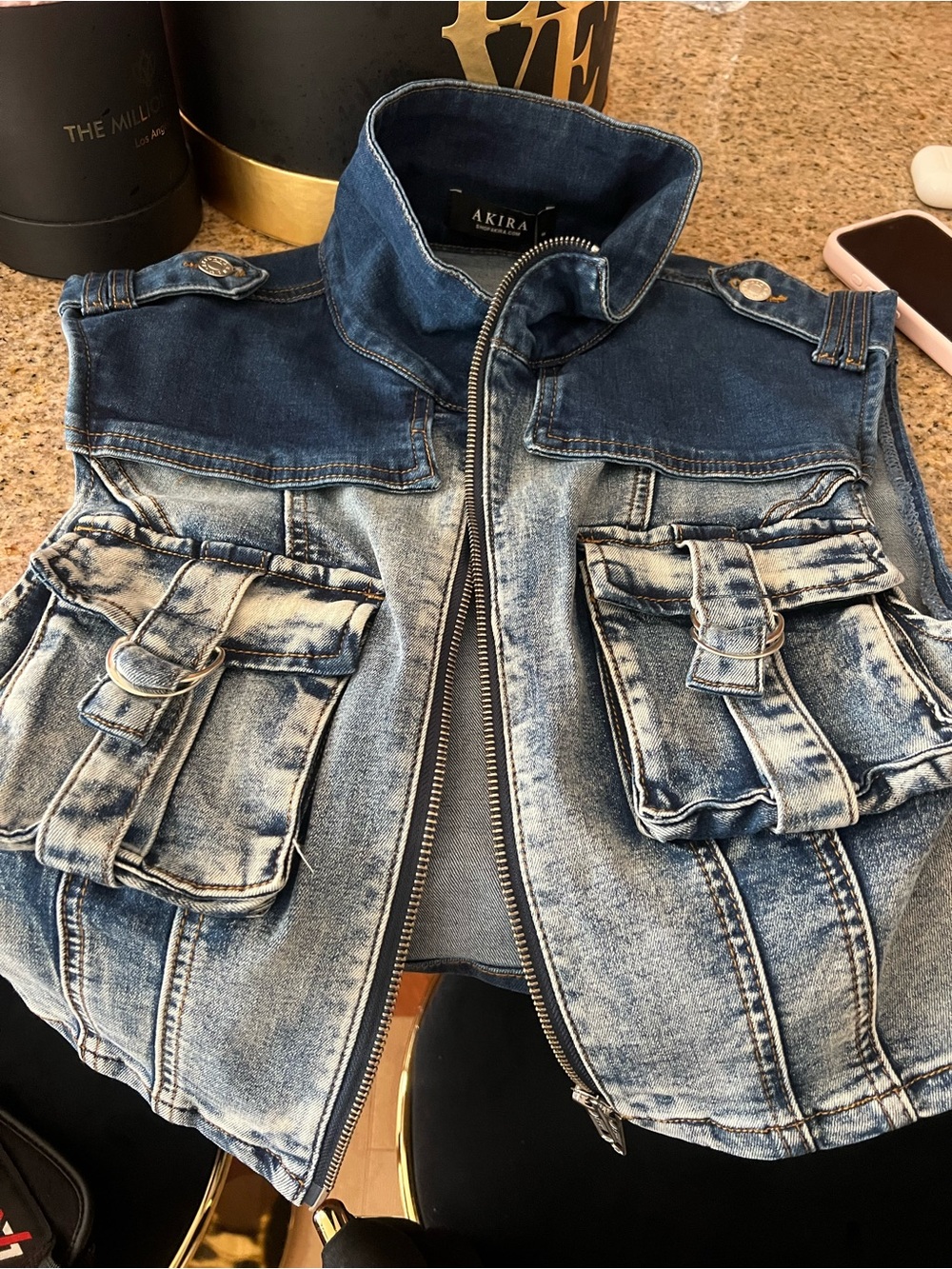 AKIRA Two-Tone Washed Blue Denim Vest with Utility Pockets